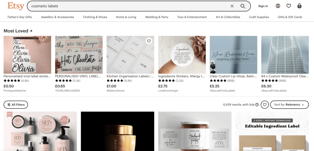Etsy cosmetic labels